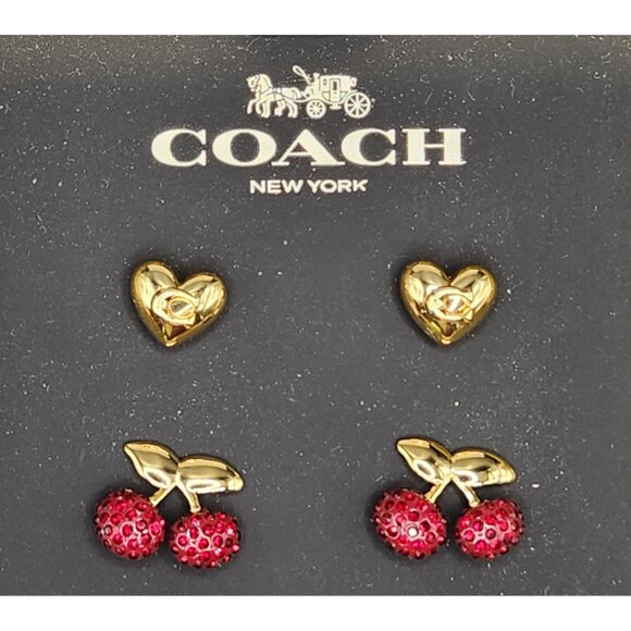 Coach Cherry Red & Gold Heart Earrings Stud Signature Box Set - NWT - Picture 2 of 7
